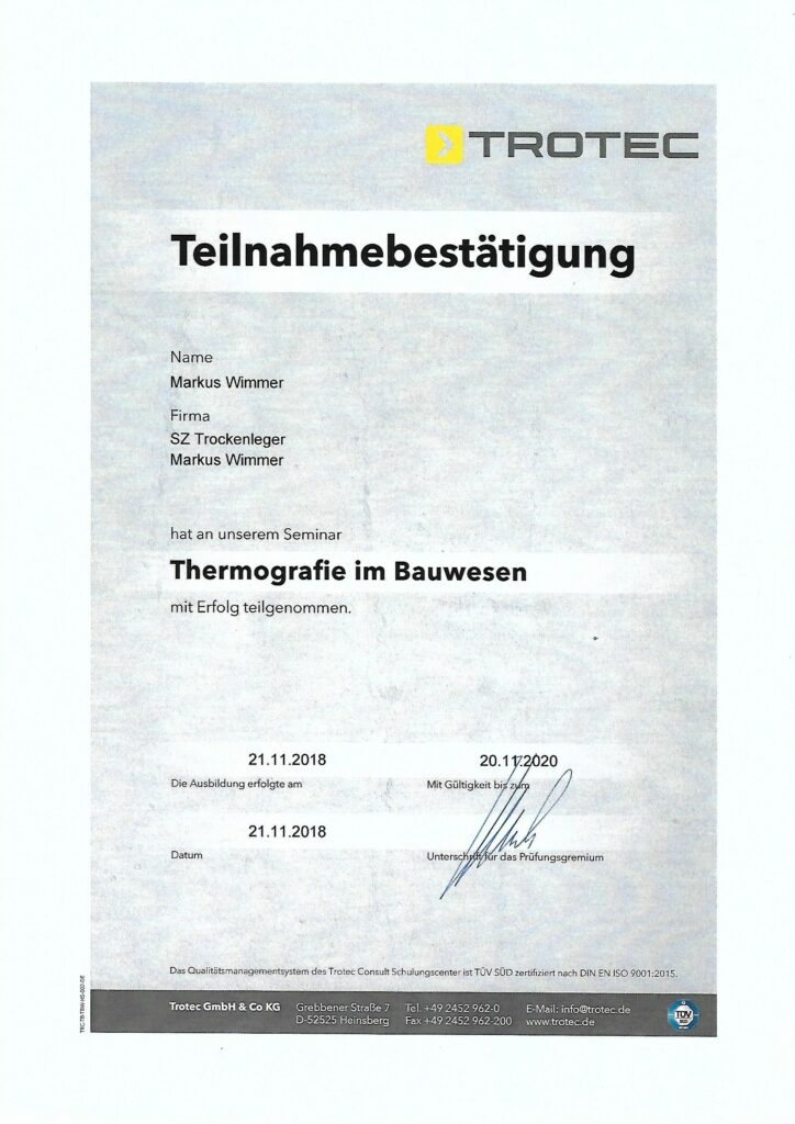 Zertifikat Thermografie im Bauwesen Trotec